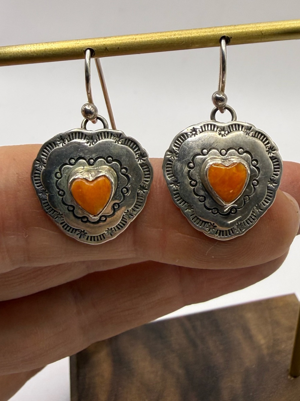 Vintage Sterling Silver Heart Shaped Dangle Earrings with Orange Spiny Stone
